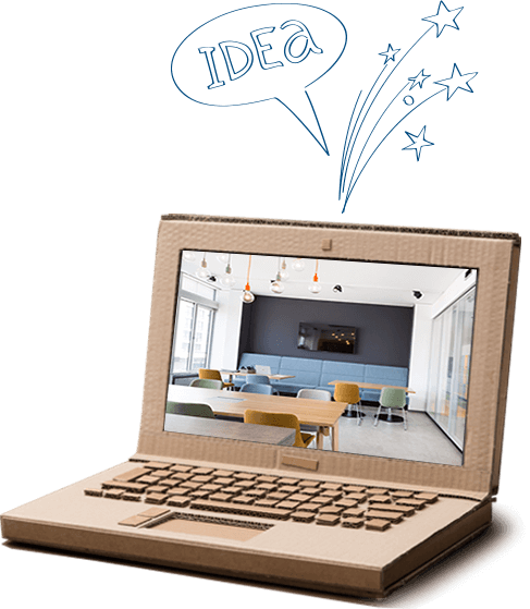 [Translate to English:] Laptop aus Pappe mit neuer Arbeitsfläche auf dem Bildschirm