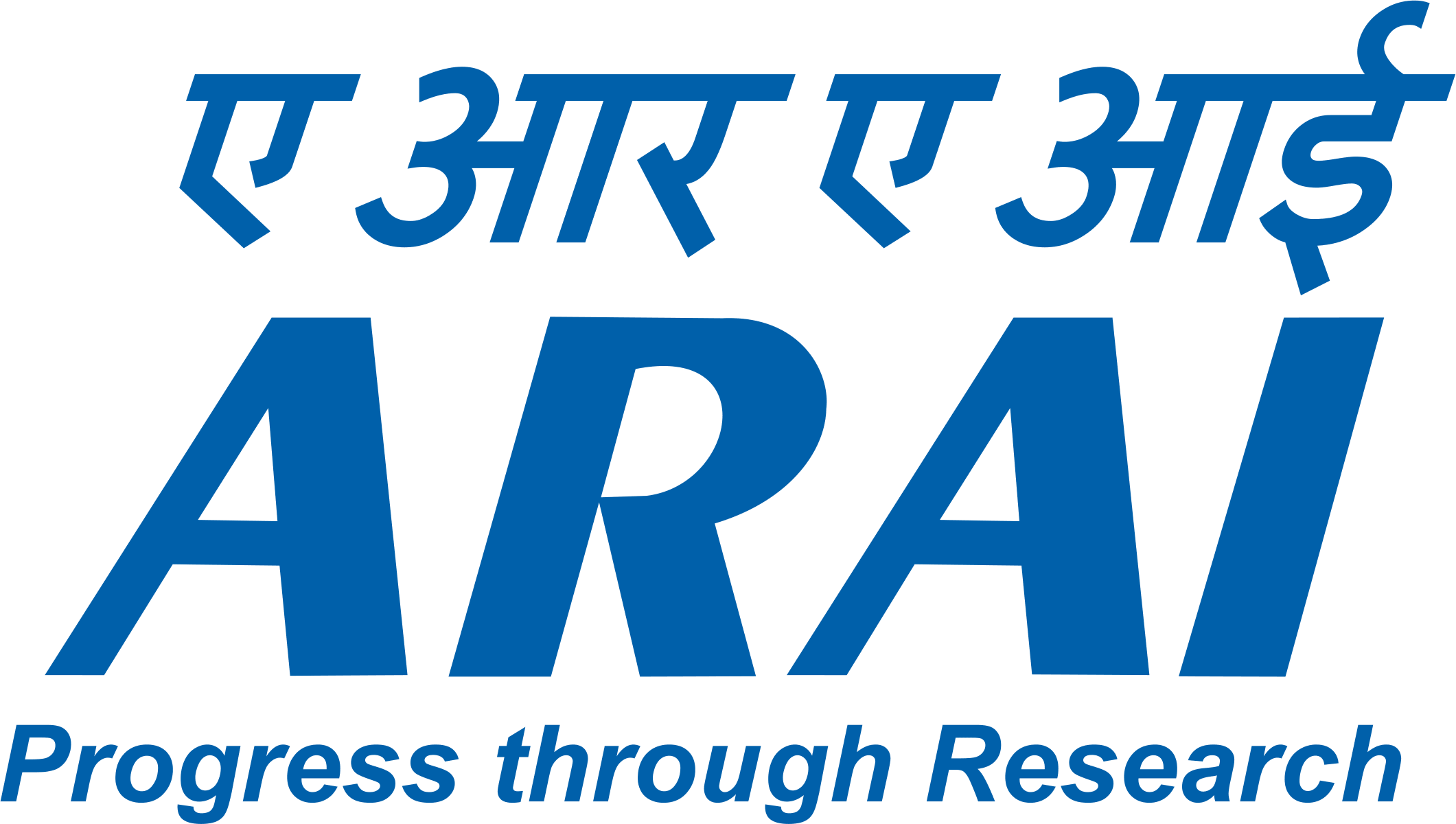 Blaues Logo mit der Schrift "ARAI" und dem Titel "Progress through Research" auf transparentem Hintergrund
