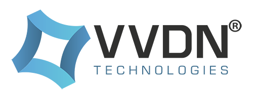 Blaues abstraktes Viereck mit schwarzem Text "VVDN Technologies" daneben
