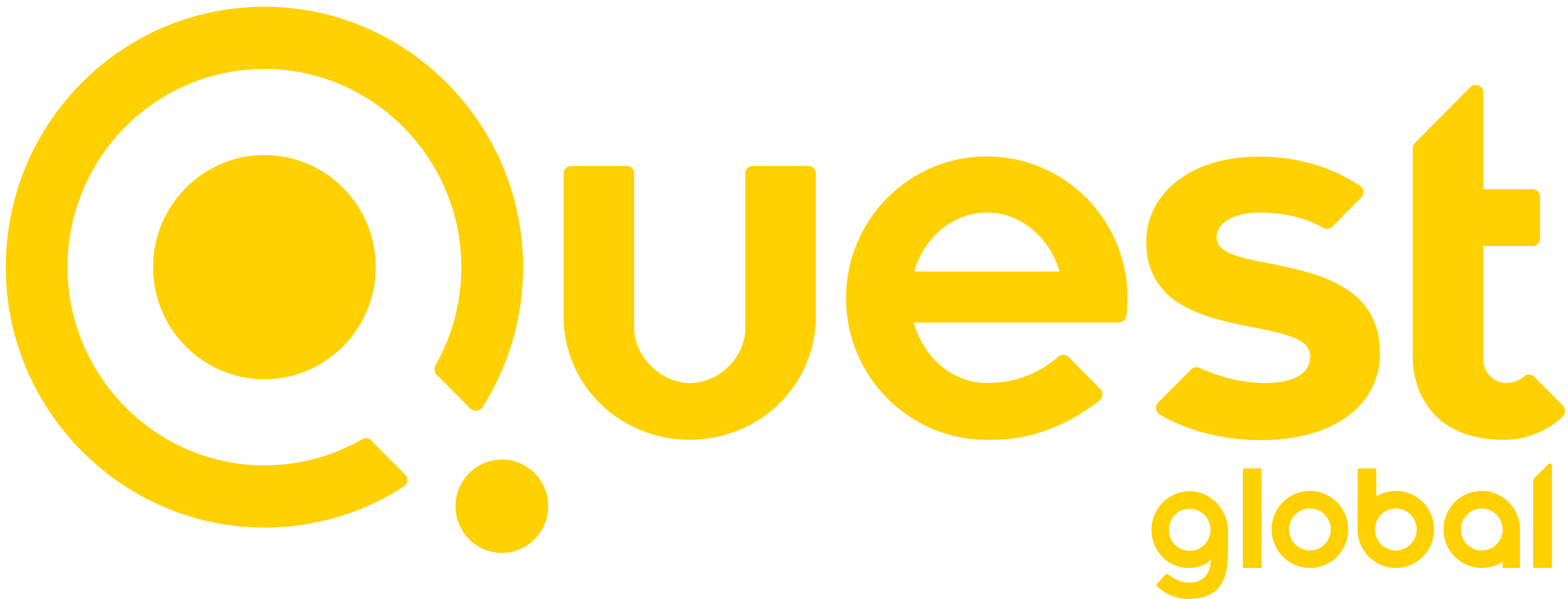 Gelbes Logo mit dem Text "Quest global" auf transparentem Hintergrund